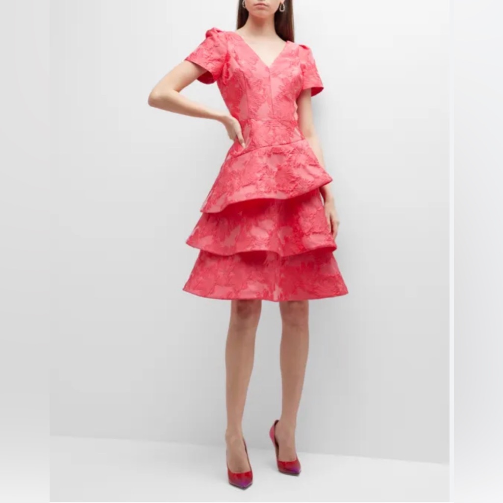 Rickie Freeman For Teri John - Ruffle Tiered Jacquard Dress In Coral Pink